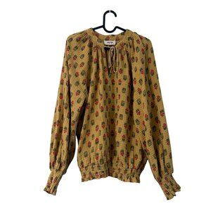 Porridge Mustard Yellow Floral Gauzy Cotton Peasant Blouse Womens Size Large